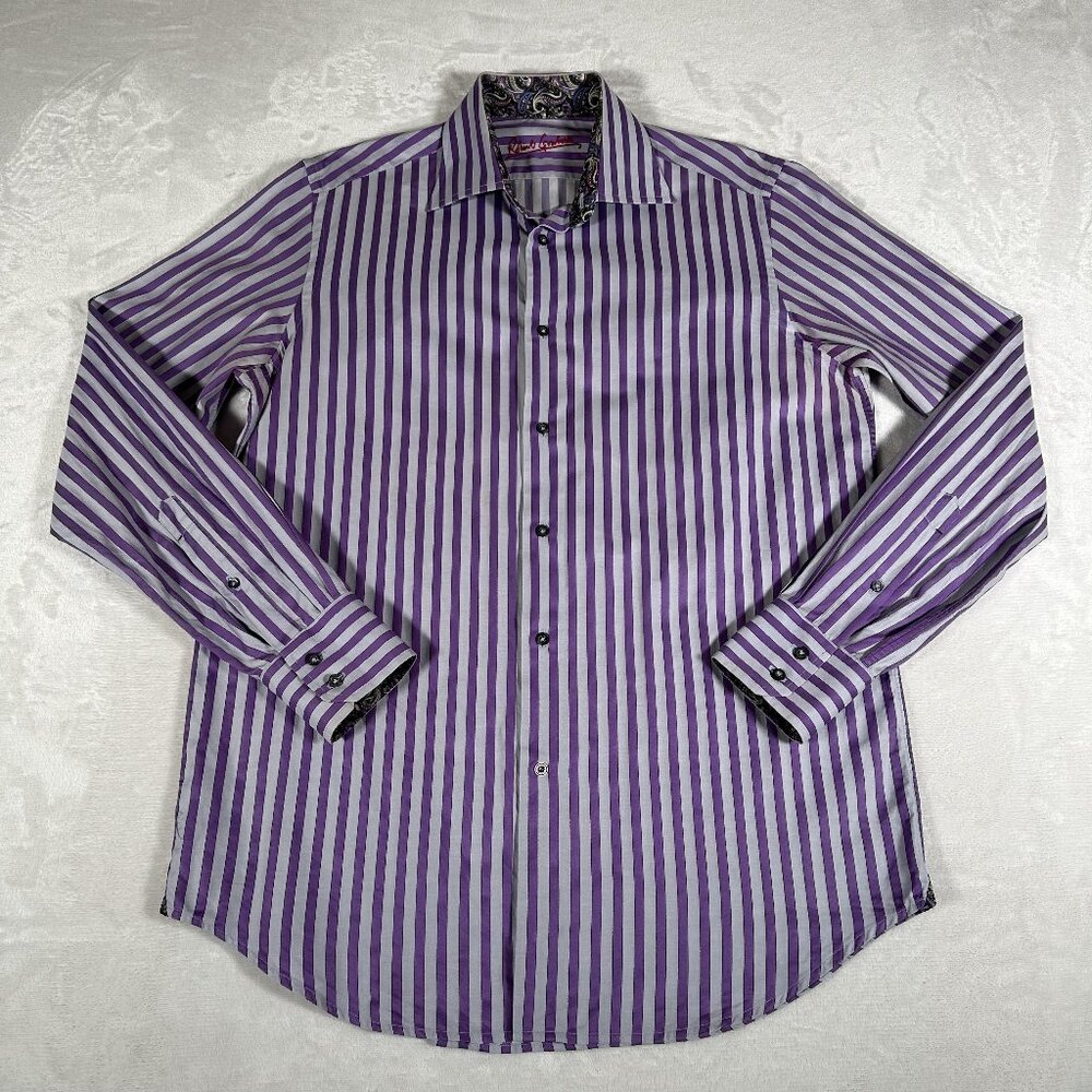 Robert Graham Shirt Men Size 15.5 39 Striped Long Sleeve Flip Cuff 100% Cotton